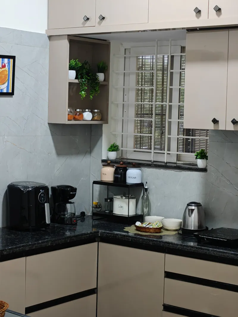 Modular kitchen with air fryer, coffee maker, kettle and induction
